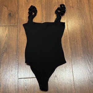 Reformation Black Ruffled Strap Bodysuit